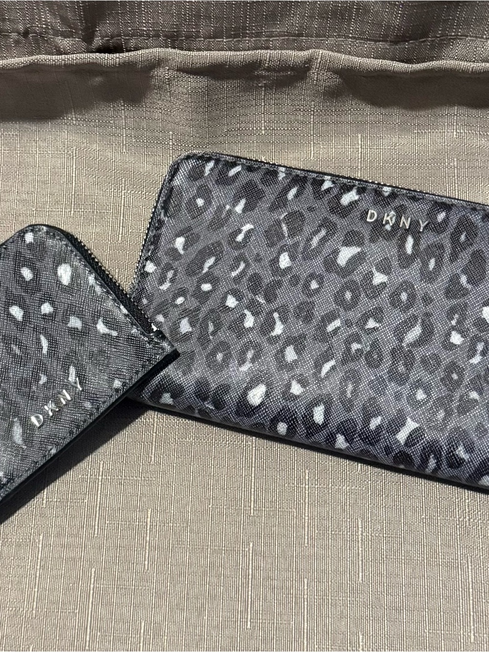 DKNY Gray & Black Leopard-Print Zip Wallet and Card Holder Set